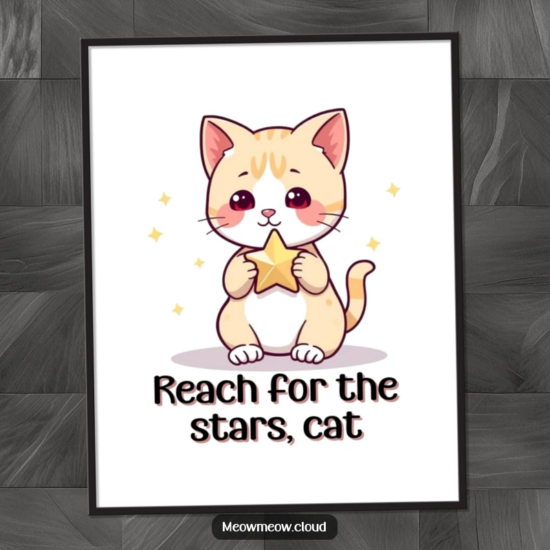 Funny Free Printable Wall Art: Adorable cat playfully interacting with a glowing star, whimsical and colorful downloadable art.
