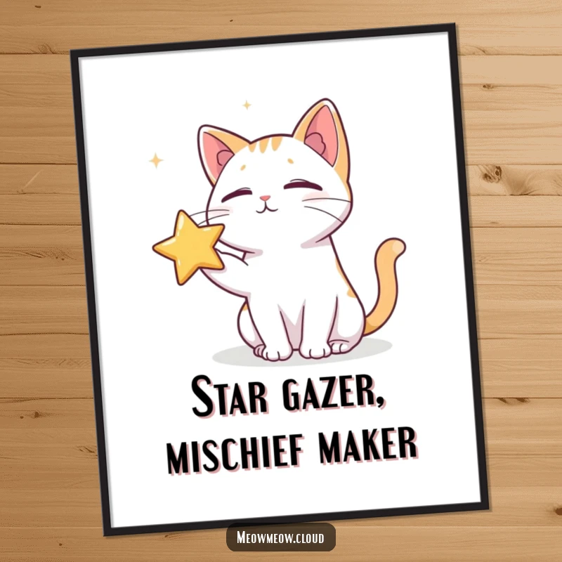 Funny Free Printable Wall Art: A mischievous cat actively poking a tiny, whimsical star in the vastness of space.