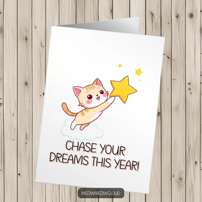 Funny Free Printable Birthday Card: Happy cat joyfully chases a bright star across a dreamy cloud sky.
