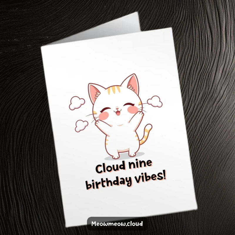 Funny Free Printable Birthday Card: Playful cat expertly juggling fluffy small clouds in a whimsical sky.
