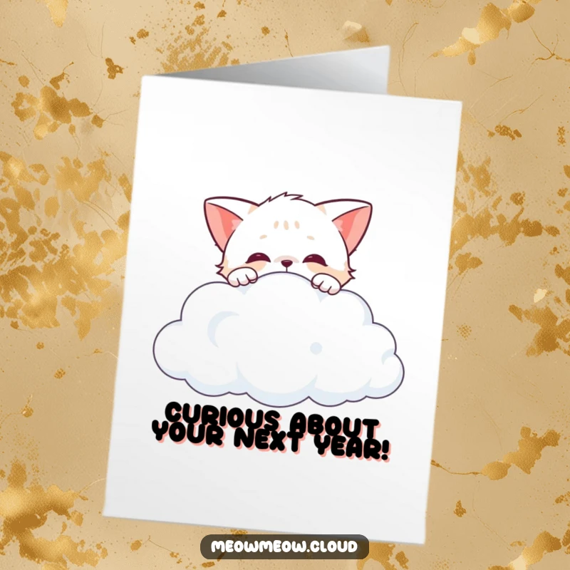 Funny Free Printable Birthday Card: A curious cat peeks over a cloud, exploring the world with playful wonder.