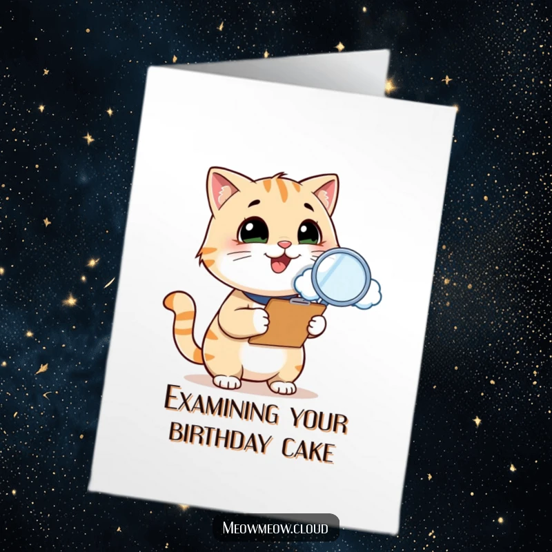 Funny Free Printable Birthday Card: Smiling cat with clipboard and magnifying glass inspects a cloud with curiosity.
