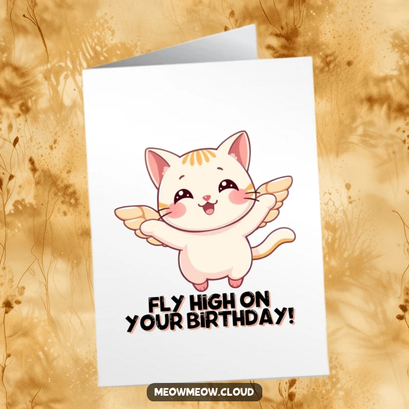Funny Free Printable Birthday Card: Cheerful cat soaring with small wings, spreading joy, sky-themed greeting.