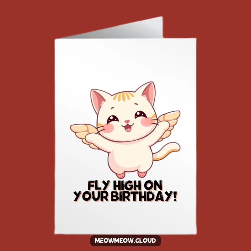 Free Printable Birthday Card: Cheerful Flying Cat Wings Funny Downloadable Greeting