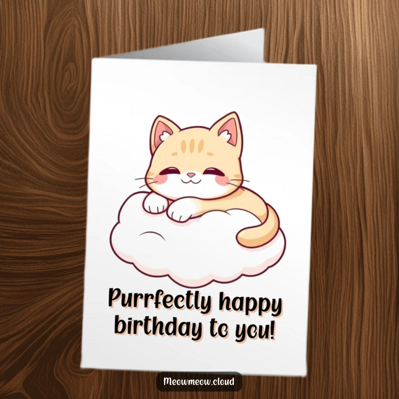 Funny Free Printable birthday card, a cute cat lounges on a cloud, celebrating with whimsical, purr-fect humor.