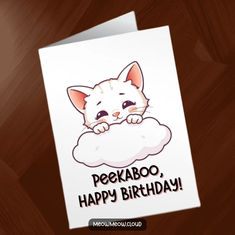 Funny free printable birthday card: A curious cat peeks over the edge of a fluffy cloud, with playful mischief.