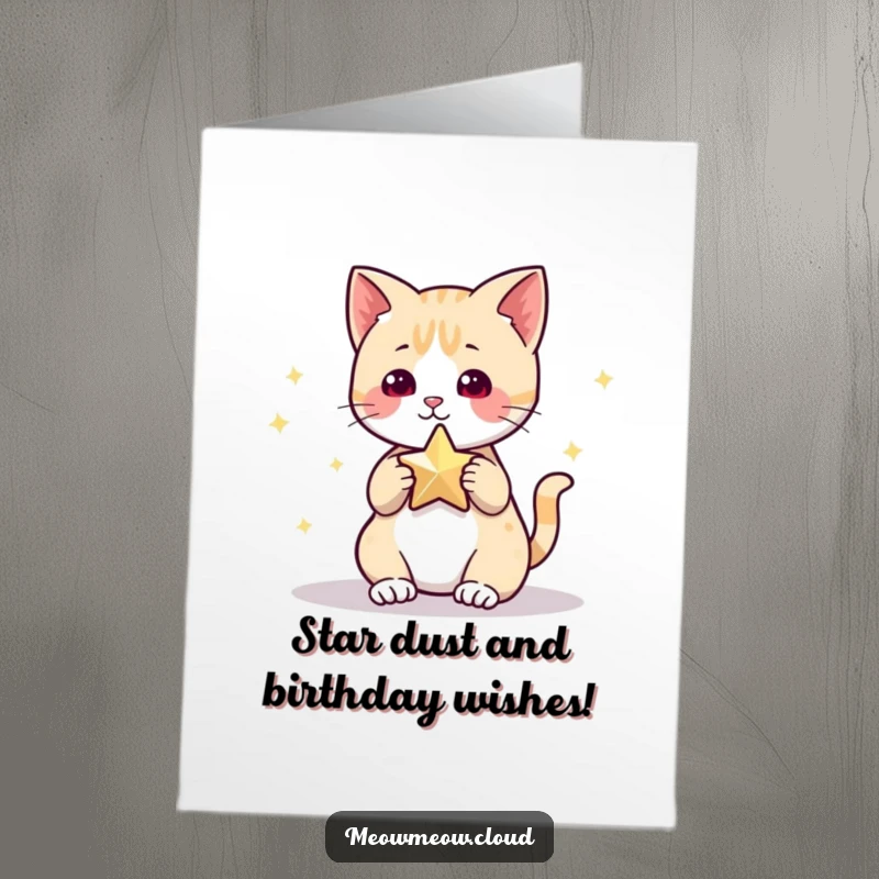 Funny Free Printable Birthday Card: Cute cat batting playful star, whimsical and joyful downloadable greeting.