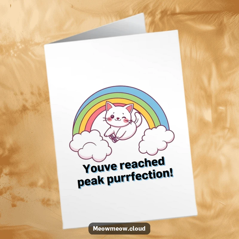 Funny Free Printable Birthday Card: A playful cat slides down a vibrant rainbow, bringing smiles and cheer to any celebration.