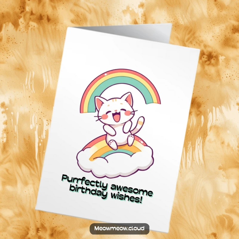 Funny Free Printable Birthday Card: Excited cat gleefully slides down a vibrant rainbow onto a soft, fluffy cloud.