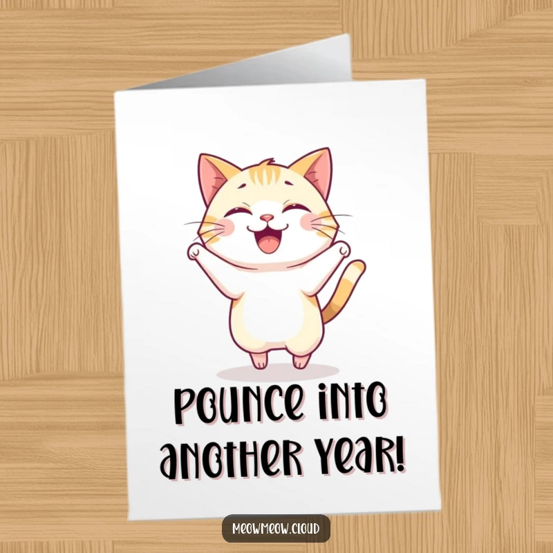 Funny Free Printable Birthday Card: A joyful cat in mid-air, performing a happy, energetic little pounce.