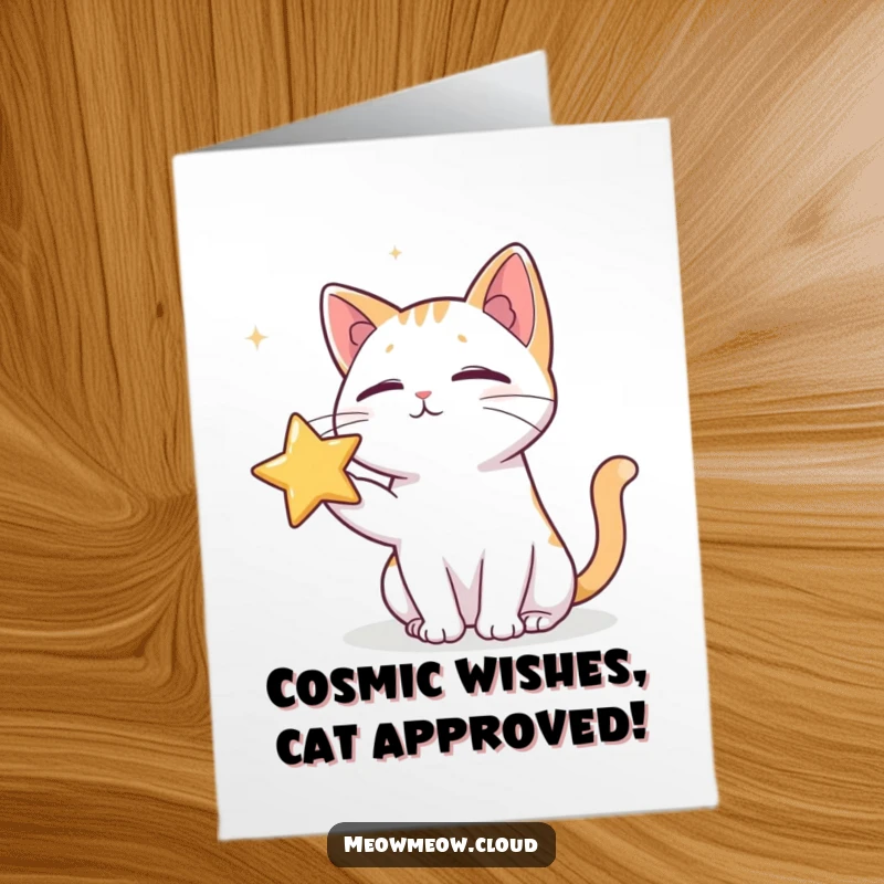 Funny Free Printable Birthday Card: Mischievous cat playfully poking a tiny star in outer space with its paw.