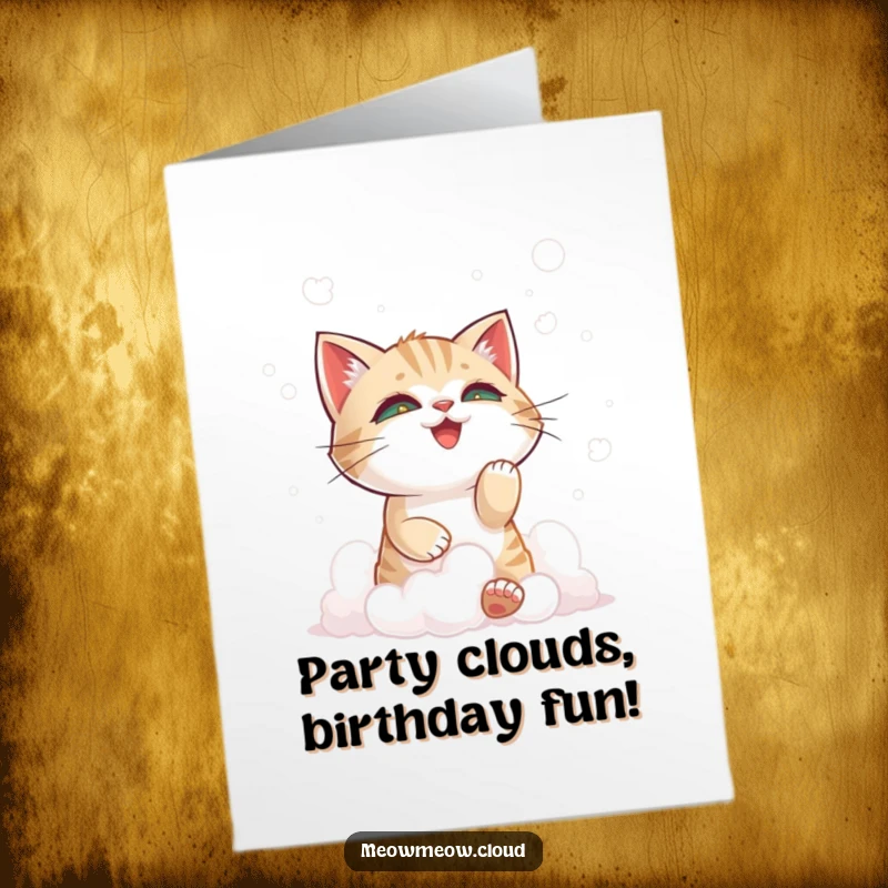 Funny Free Printable Birthday Card of a mischievous cat playfully batting at fluffy cloud wisps, a whimsical and humorous wish.