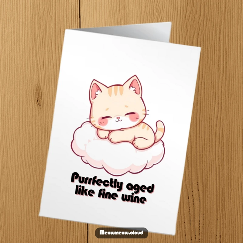 Funny Free Printable Birthday Card: Cute cat lounges on a fluffy cloud, purring happily for a birthday celebration.