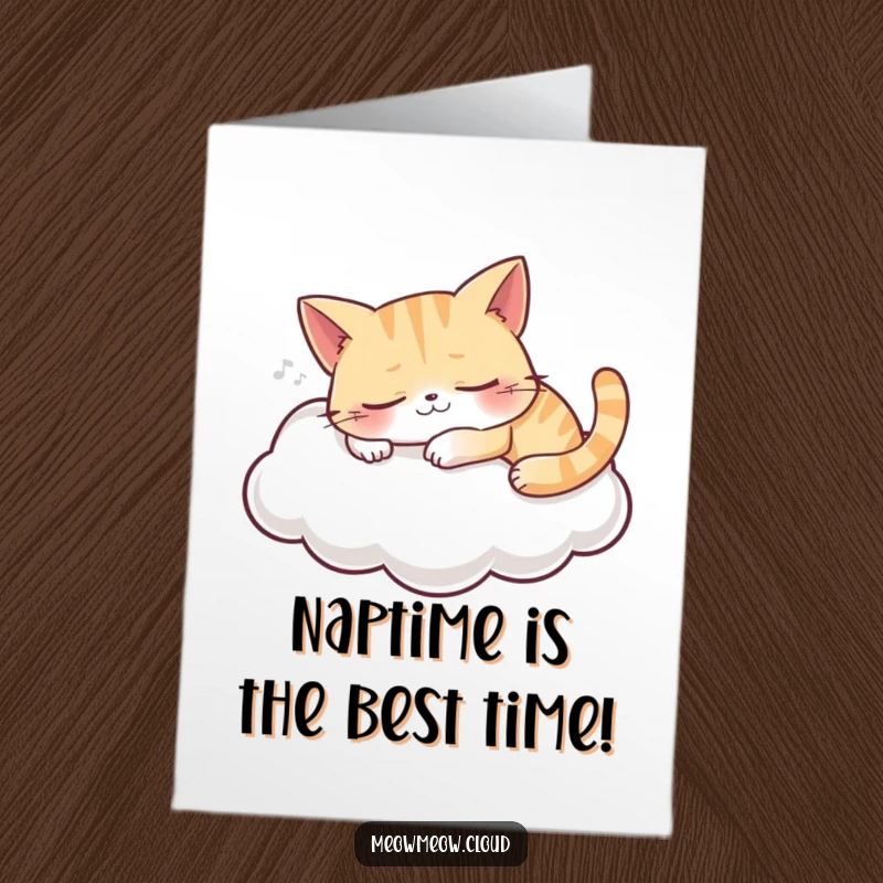 Funny Free Printable Birthday Card: A grinning cat sleeps peacefully on a soft, puffy cloud, radiating cozy vibes.