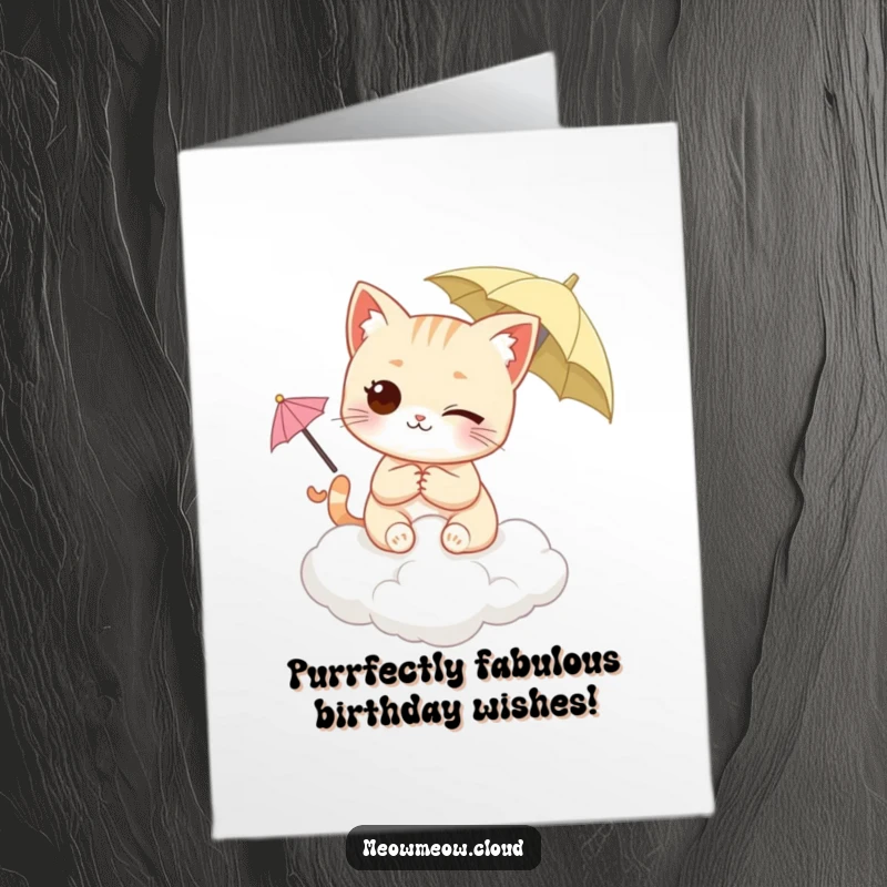 Funny free printable birthday card: a winking cat with an umbrella, lounging on a cloud with a cheeky grin.