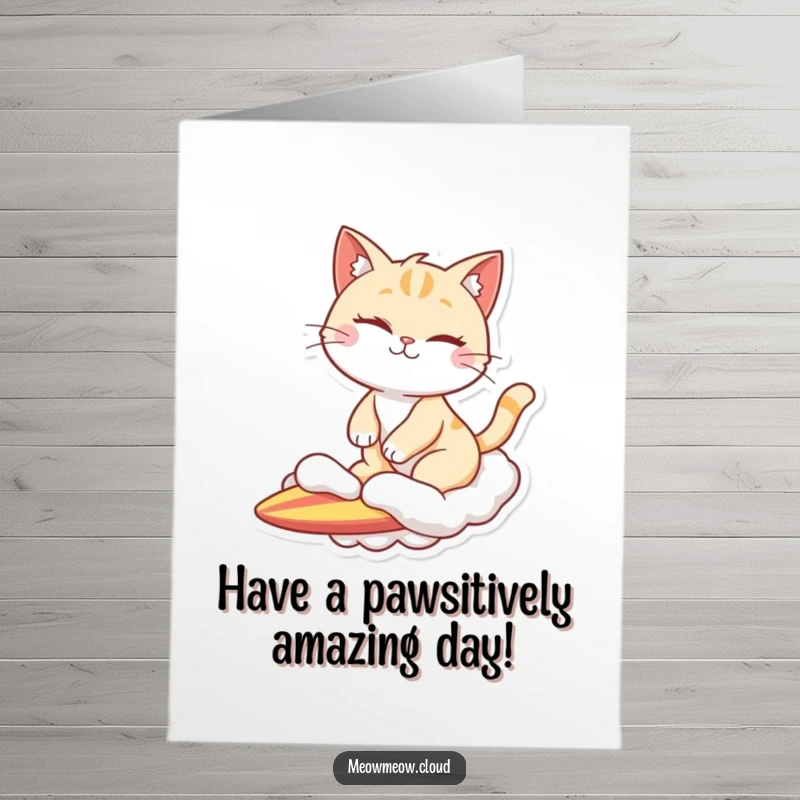 Funny Free Printable Birthday Card: A winking cat surfs a whimsical cloud, bringing playful vibes to the celebration.