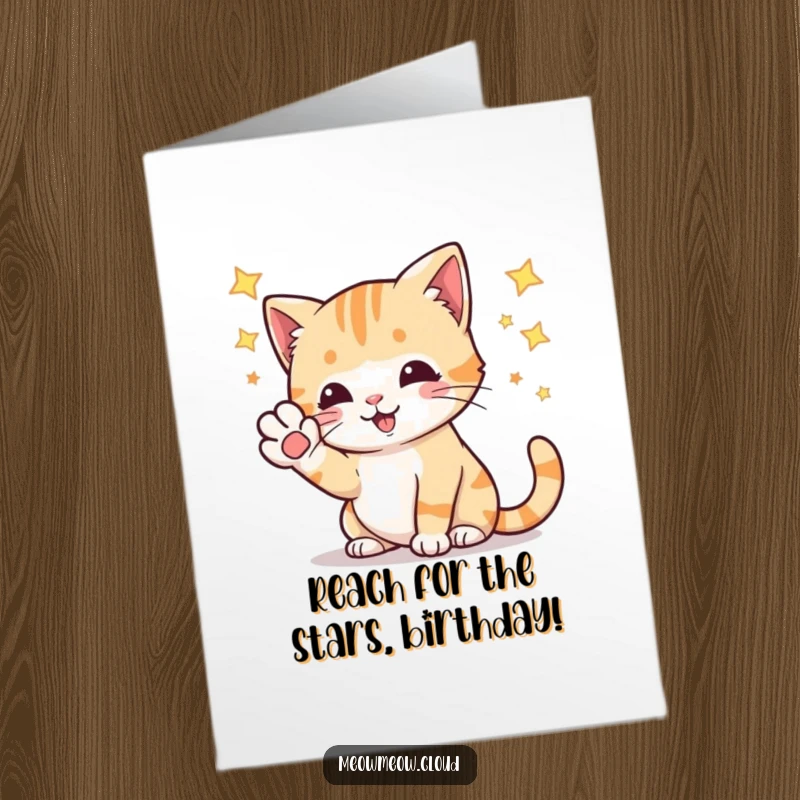 Funny Free Printable Birthday Card: A playful cat energetically bats at twinkling stars with its paw, reaching for fun.