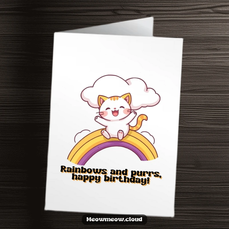 Funny Free Printable Birthday Card featuring a joyful cat character sliding down a vibrant rainbow from a fluffy cloud.
