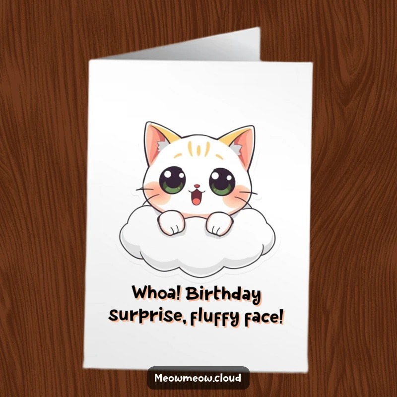 Funny Free Printable Birthday Card: Surprised cat with wide eyes floating on cloud, shocked expression, downloadable greeting.