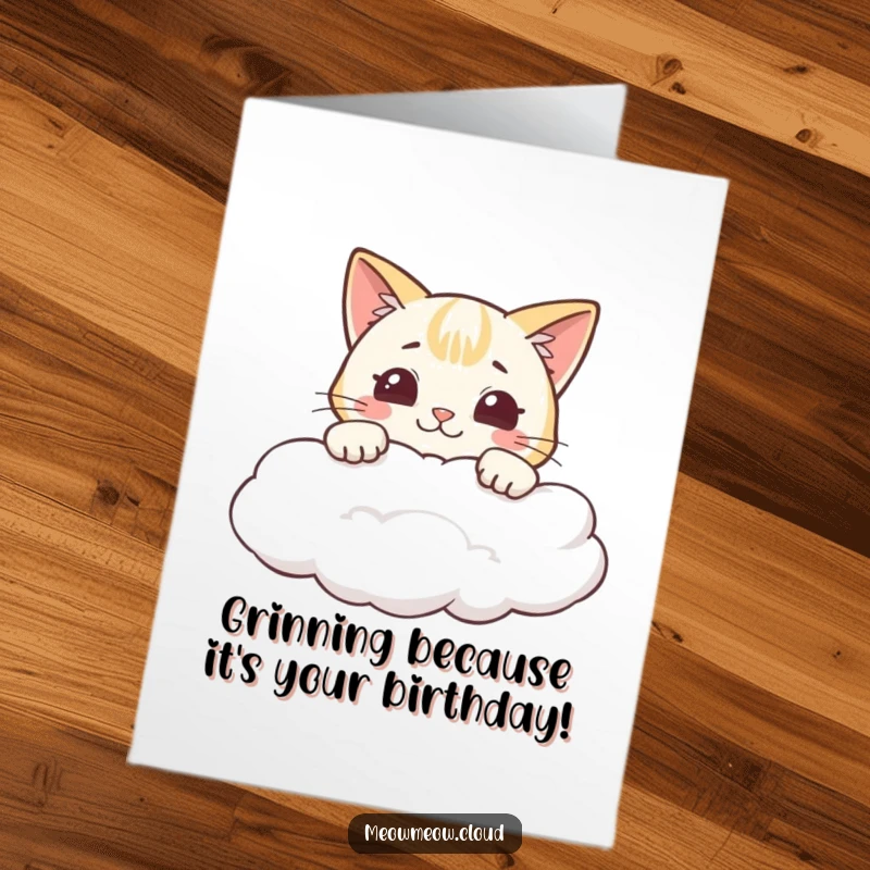 Funny Free Printable Birthday Card: A cheeky cat with a wide grin peeking over the edge of a fluffy cloud.