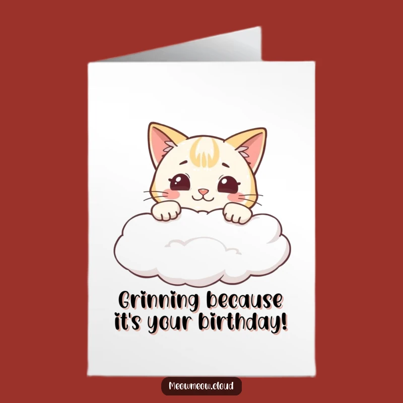 Free Printable Birthday Card: Grinning Cat Over Cloud, Funny Downloadable Gift!