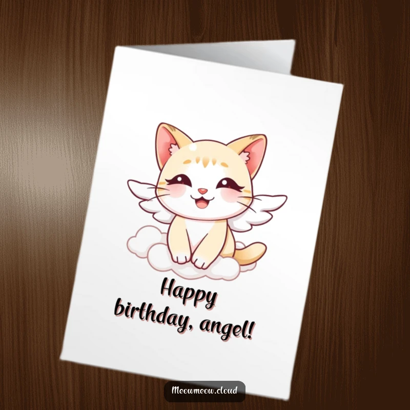 Funny Free Printable Angel Cat Birthday Card: Smiling cat with wings floating through clouds on a birthday.