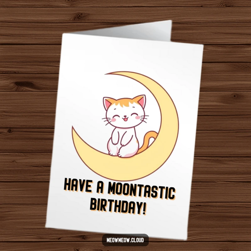 Funny Free Printable Birthday Card: Smiling cat joyfully riding a crescent moon across the night sky.