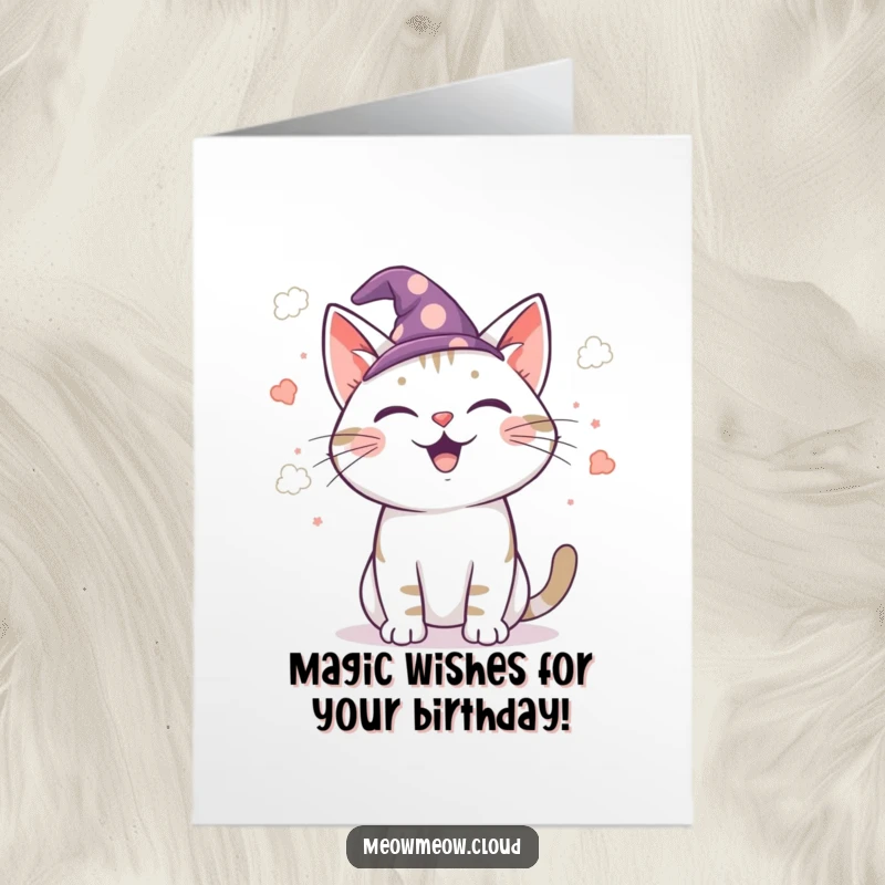 Funny Free Printable Wizard Cat Birthday Card: Joyful cat in wizard hat casting sparkling cloud confetti for a birthday.