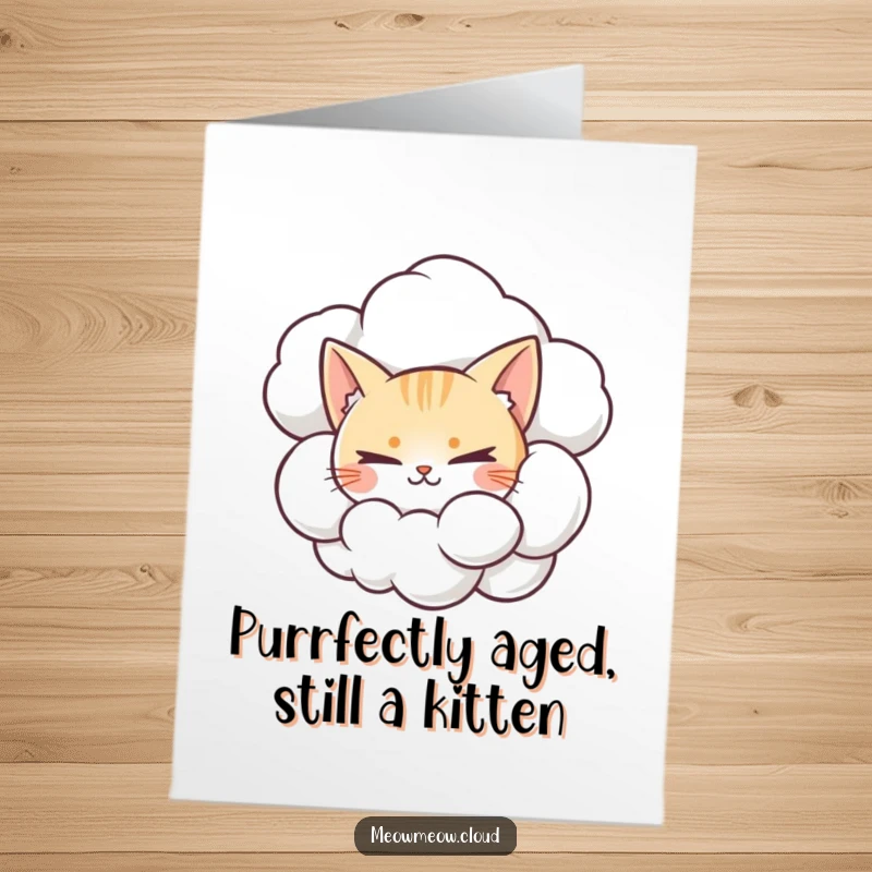 Funny Free Printable Birthday Card: Mischievous cat peeking from a fluffy cloud, ready to pounce on the fun.