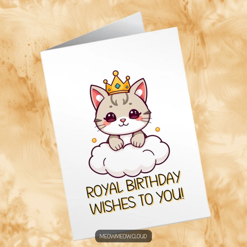 Funny free printable birthday card: a cute cat wearing a crown, ruling a cloud kingdom, bestowing birthday wishes.