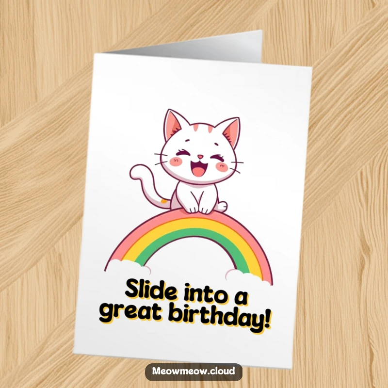 Funny Free Printable Birthday Card: Cheerful cat slides down a vibrant rainbow arch, playful digital art