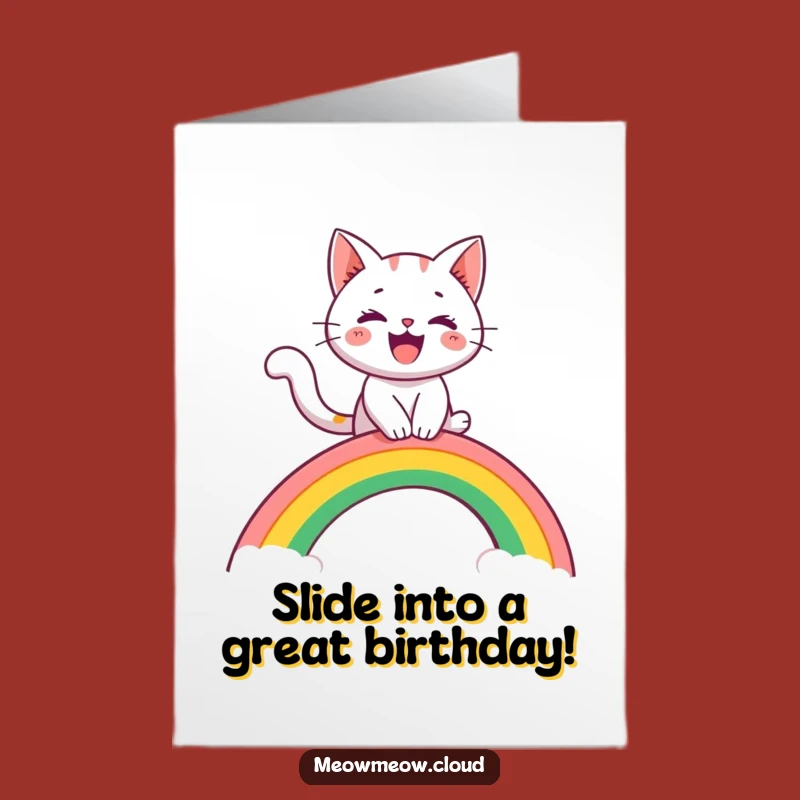 Free Printable Funny Birthday Card: Cat Rainbow Slide, Whimsical Downloadable Gift