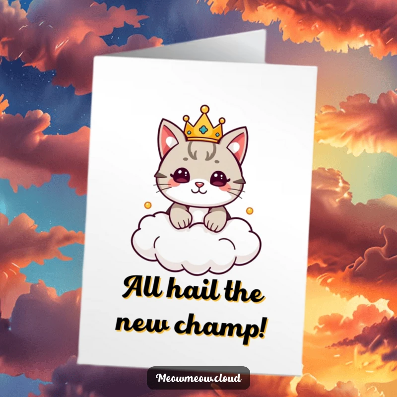 Funny free printable congratulations card: a cute cat with a crown rules a cloud kingdom, celebrating a victory.
