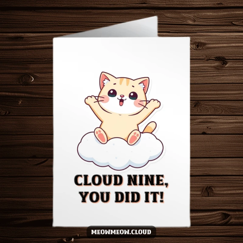 Funny free printable congratulations card featuring a surprised cat making a snow angel on a cloud in celebration.