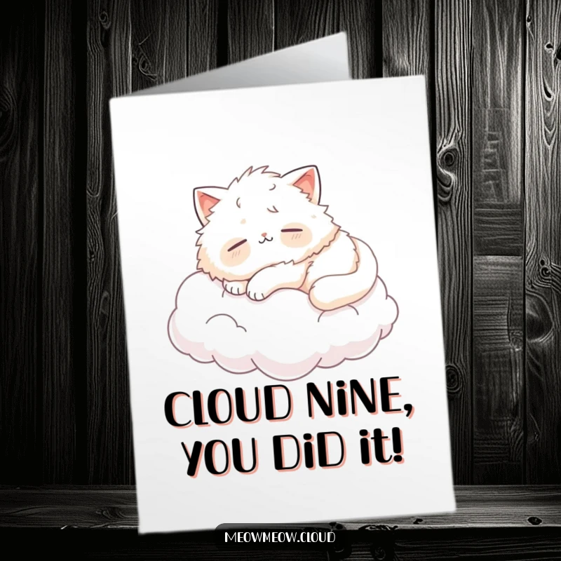 Free Printable Congratulations Card: A fluffy cat naps peacefully on a cloud, representing blissful achievement and calm.