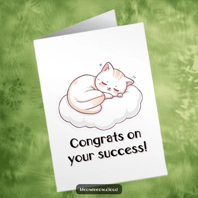 Funny Free Printable Congrats Card: A peacefully sleeping cat rests on a cozy cloud pillow.