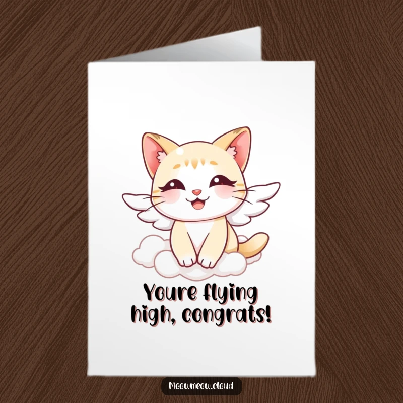 Funny Free Printable Angel Cat Congratulations Card: Smiling cat with wings floating through clouds to celebrate.