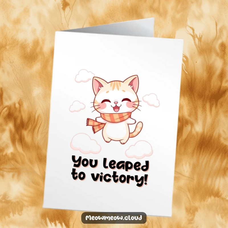 Funny Free Printable Congratulations Card: Playful cat in a scarf jumps between clouds, celebrating an accomplishment.