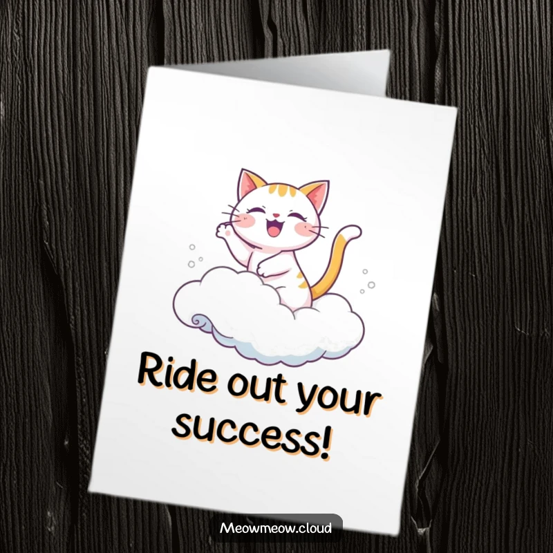 Funny Free Printable Congratulations Card: A cat joyfully surfs on a soft cloud, like riding a gentle ocean wave.