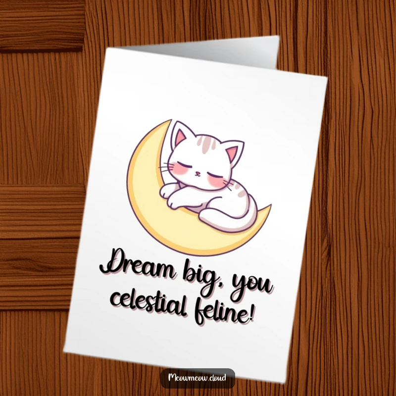 Free Printable Congratulations Card: A peaceful cat sleeping soundly on a crescent moon, charming illustration