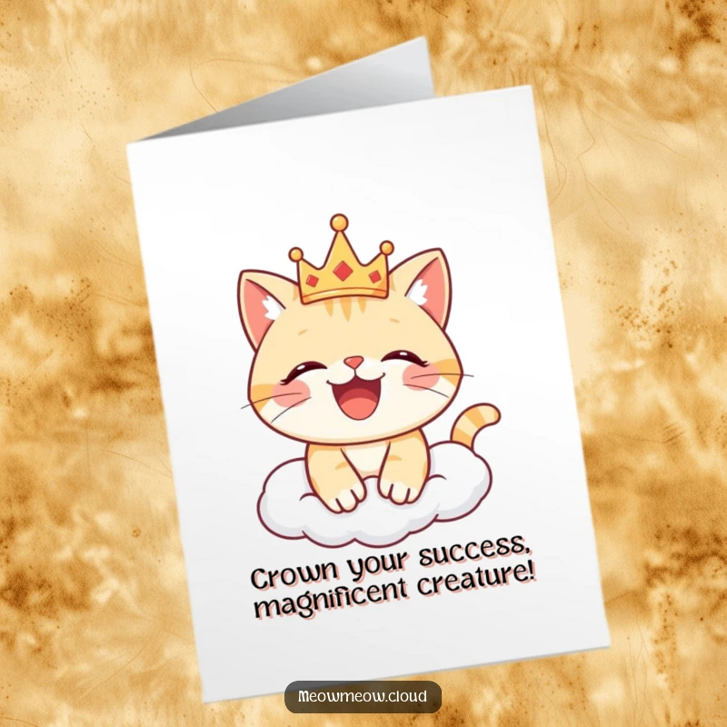 Funny Free Printable Congratulations Card: Joyful cat with crown on cloud, celebratory look, unique downloadable greeting.