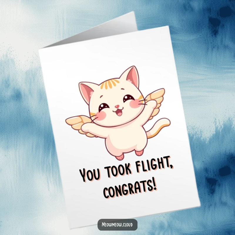 Funny Free Printable Congratulations Card: Cheerful cat with wings gracefully flying, celebrating success with joy.