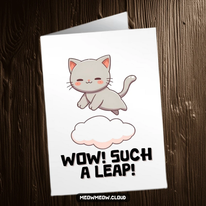 Funny free printable congratulations card: a gray cat leaping between clouds, symbolizing success and achievement.