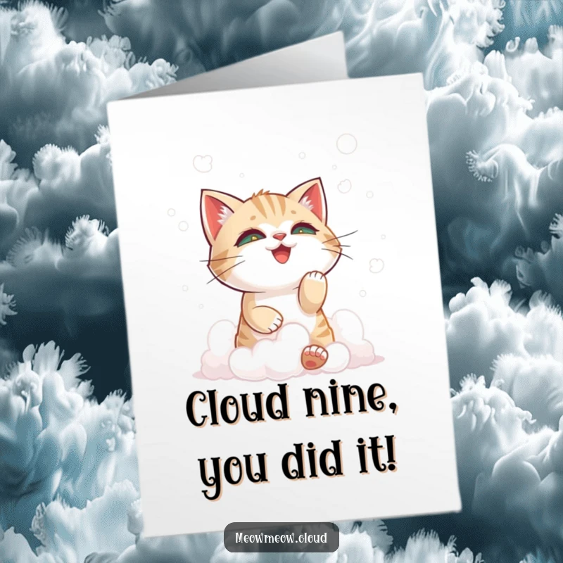Free Printable Congratulations Card with a mischievous cat playing with cloud wisps, celebrating wins with lighthearted humor.