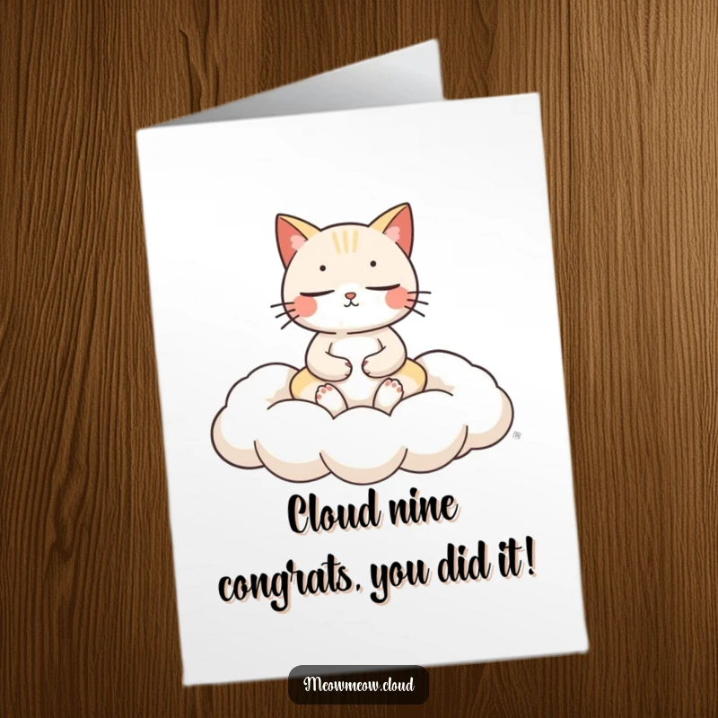 Funny Free Printable Congratulations Card showing a cat in deep meditation on a soft cloud cushion.