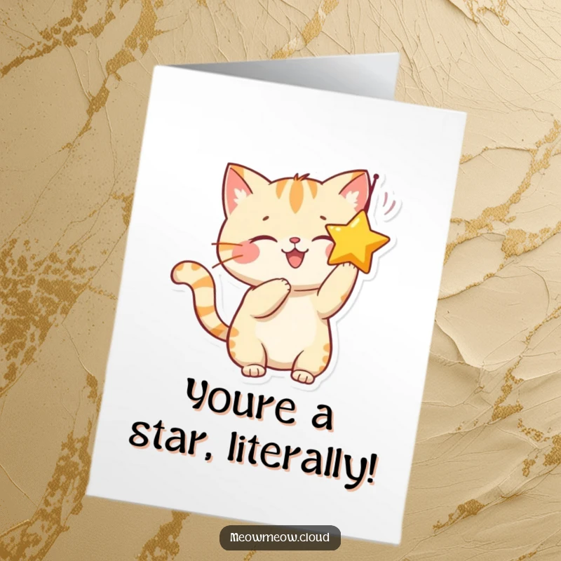 Free Printable Congratulations Card: A joyful cat playfully batting at a shiny dangling star, digital graphic