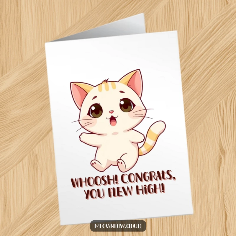 Funny Free Printable Congratulations Card showing a surprised cat being lifted by a friendly, playful wind gust.