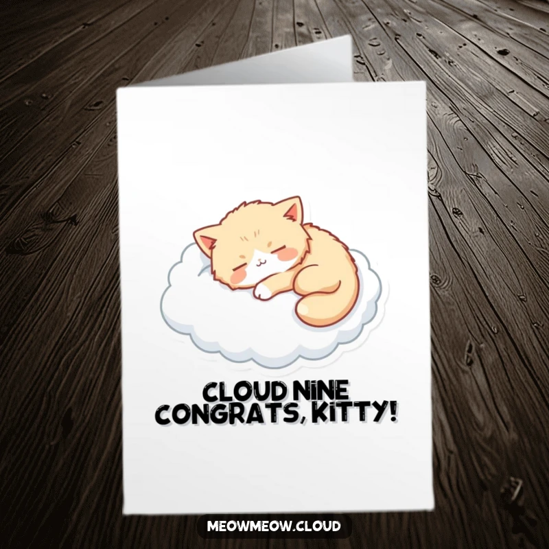 Funny free printable congratulations card: A fluffy cat peacefully naps on a soft cloud, symbolizing relaxation and success.