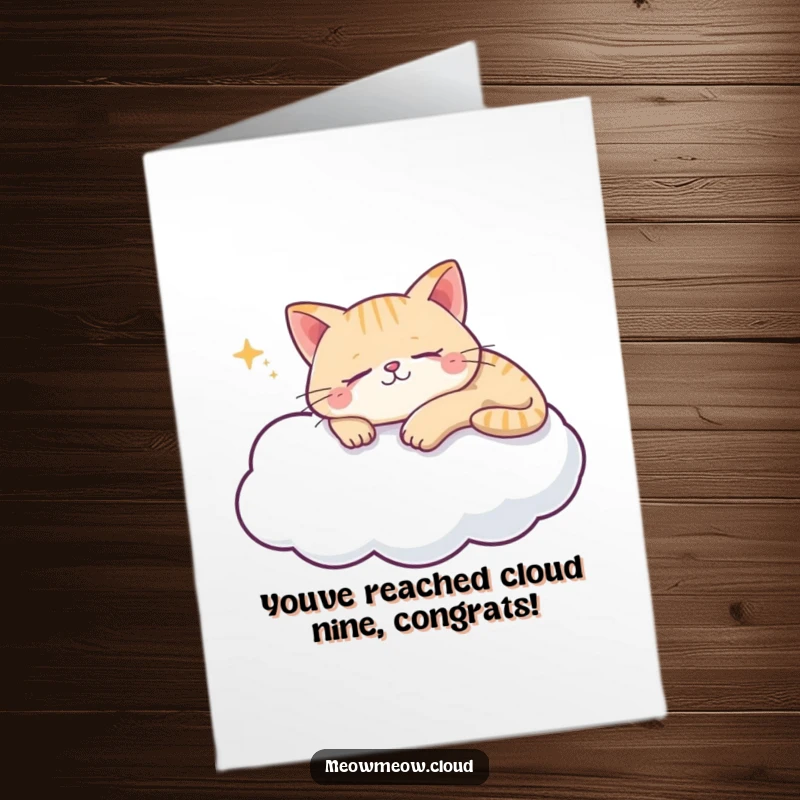 Funny Free Printable Congratulations Card: Content cat sleeping soundly on a cloud, celebrating a moment of peace.