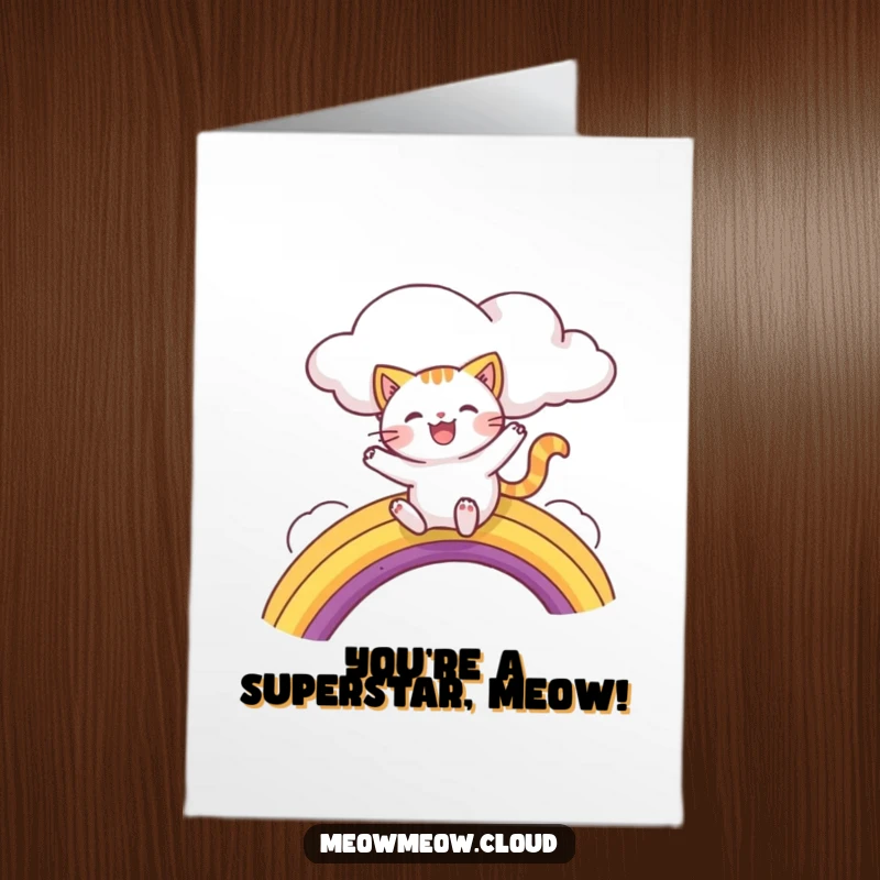 Funny Free Printable Congratulations Card showcasing a cat character joyfully descending a colorful rainbow from a cloud.